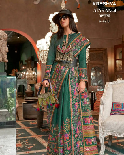 Kreshva Atrangi Silk Forestgreen  Color Designer Printed Sari Party Wear Collection
