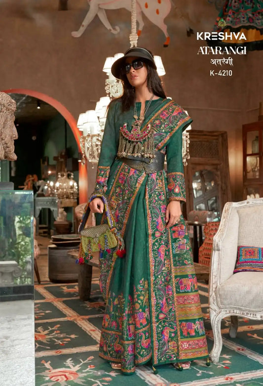 Kreshva Atrangi Silk Forestgreen  Color Designer Printed Sari Party Wear Collection