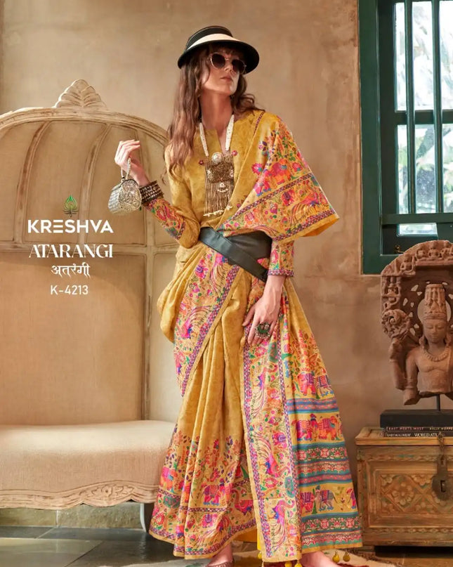 Kreshva Atrangi Silk Bronze Color Designer Printed Sari Party Wear Collection