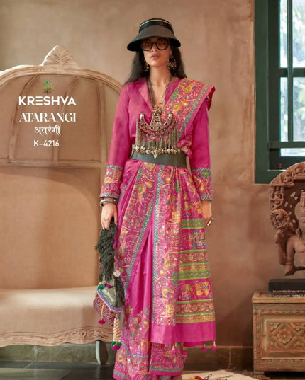 Kreshva Atrangi Silk Ruby  Color Designer Printed Sari Party Wear Collection