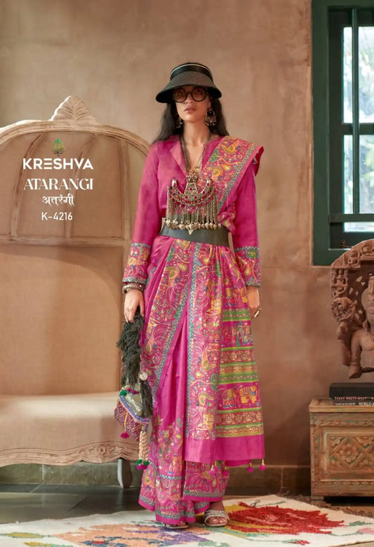 Kreshva Atrangi Silk Ruby  Color Designer Printed Sari Party Wear Collection