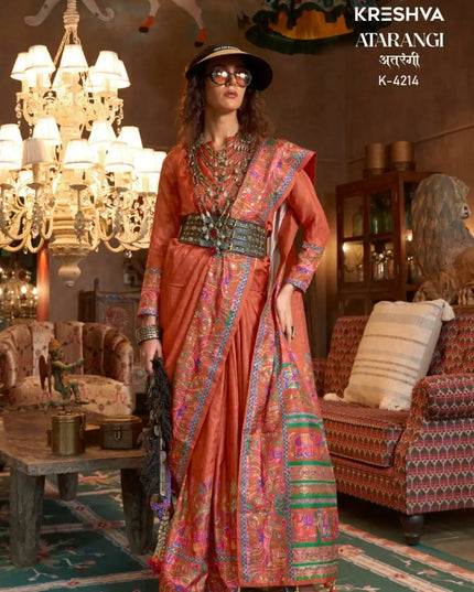 Kreshva Atrangi Silk Salmon Color Designer Printed Sari Party Wear Collection
