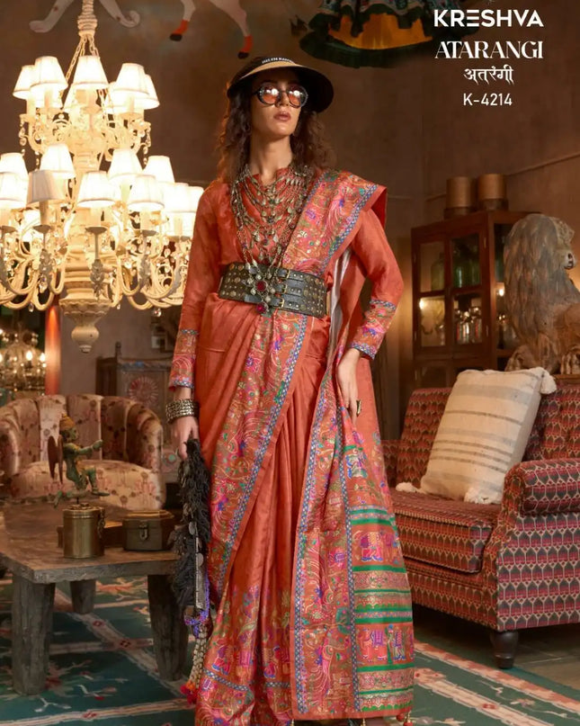 Kreshva Atrangi Silk Salmon Color Designer Printed Sari Party Wear Collection