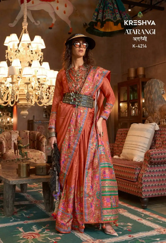 Kreshva Atrangi Silk Salmon Color Designer Printed Sari Party Wear Collection