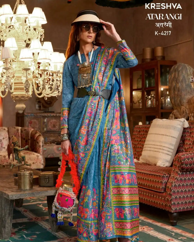 Kreshva Atrangi Silk Designer Skyblue Color Printed Sari Party Wear Collection