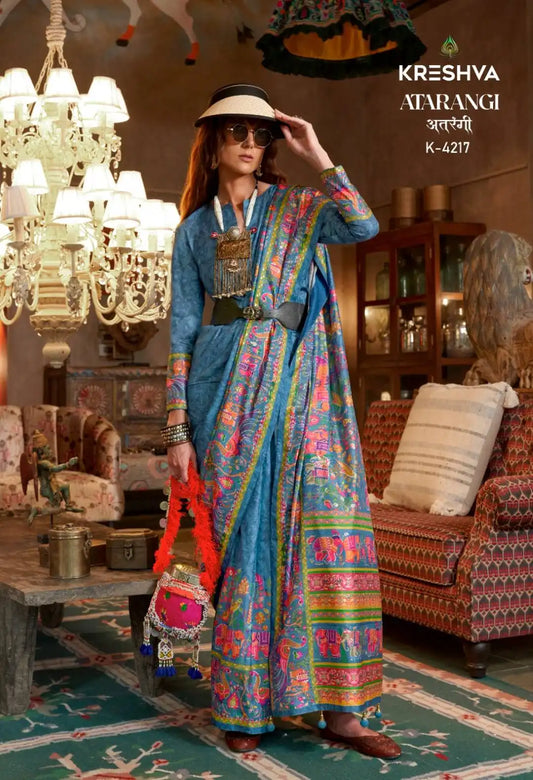 Kreshva Atrangi Silk Designer Skyblue Color Printed Sari Party Wear Collection