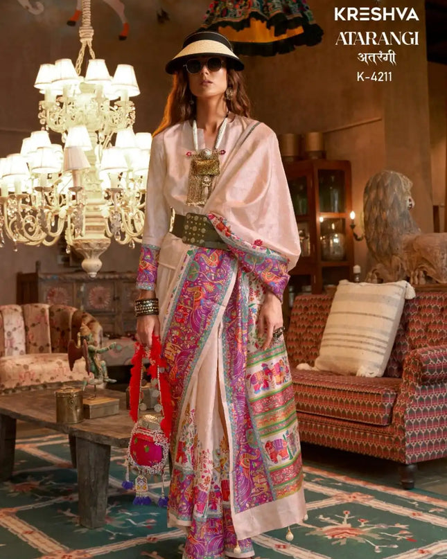 Kreshva Atrangi Silk Designer Pink Color Printed Sari Party Wear Collection