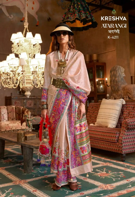 Kreshva Atrangi Silk Designer Pink Color Printed Sari Party Wear Collection