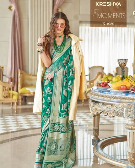 Kreshva The Moments Emerald Color Georgette Saree Festival Wear Collection