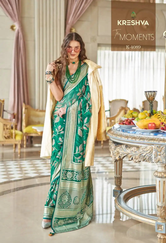 Kreshva The Moments Emerald Color Georgette Saree Festival Wear Collection