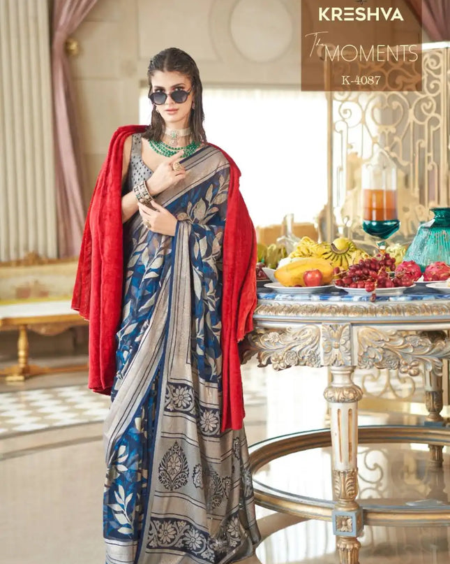 Kreshva The Moments Steelblue Color Georgette Saree Festival Wear Collection