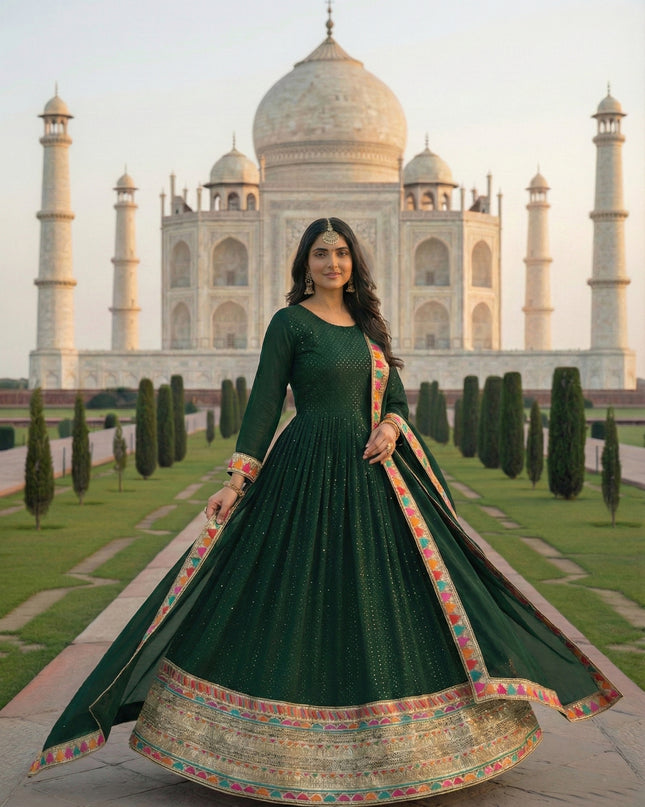 KB 3308 Green Faux Georgette Occasion Gown Dupatta