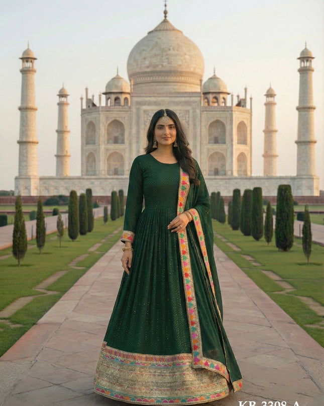 KB 3308 Green Faux Georgette Occasion Gown Dupatta