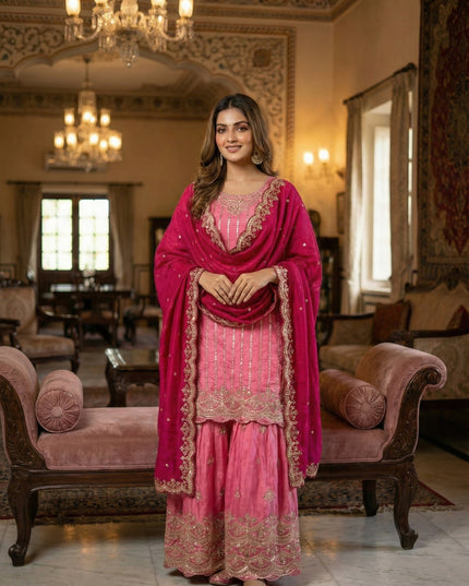 KB 3313 Pink Heavy Chinon Embroidery Sharara Suit Collection