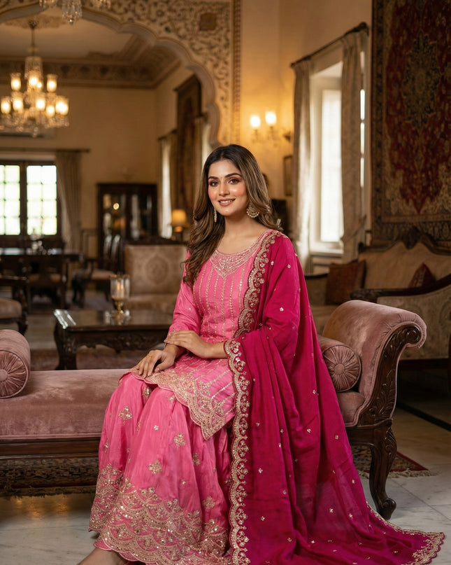 KB 3313 Pink Heavy Chinon Embroidery Sharara Suit Collection
