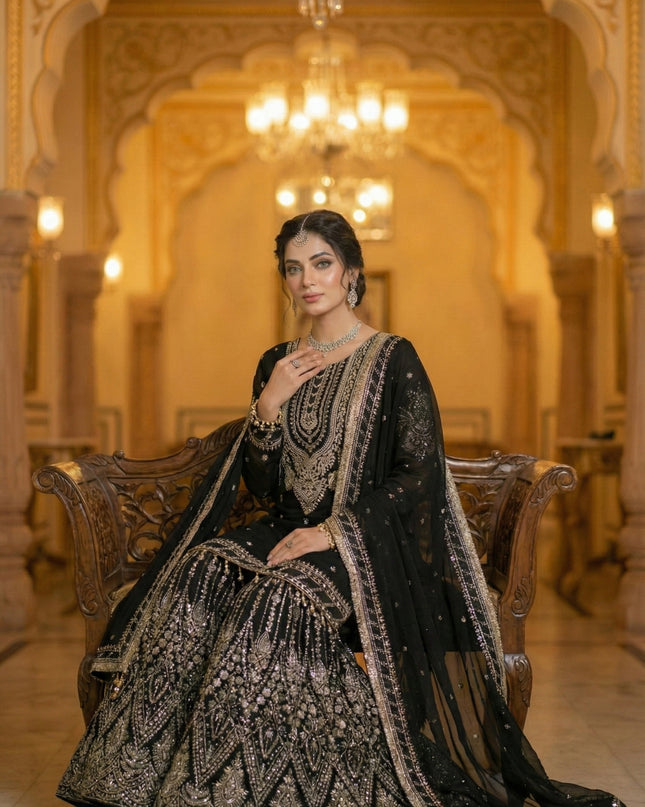 KB 3315 Black Heavy Georgette Wedding Sharara Suit
