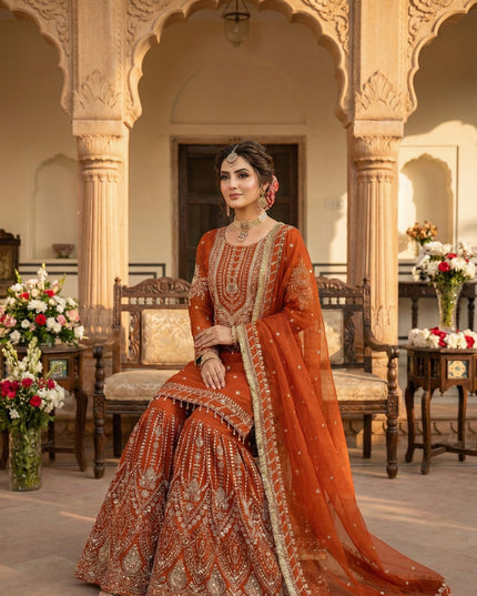 KB 3315 Orange Heavy Georgette Sharara Suit Wedding Collection
