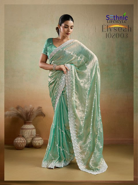 Sethnic Elyseah Velvet Chiffon Leheriya Pattern Embroidery Saree 2025
