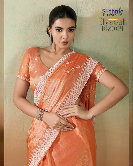 Sethnic Elyseah Velvet Chiffon Leheriya Pattern Embroidery Saree