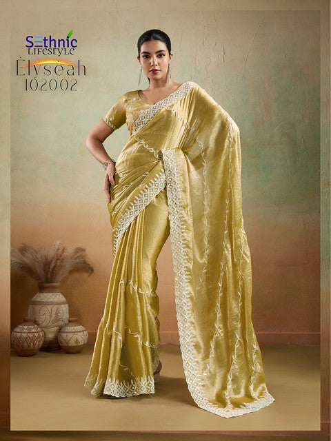 Sethnic Elyseah Velvet Chiffon Pallu  Leheriya Pattern Embroidery Saree