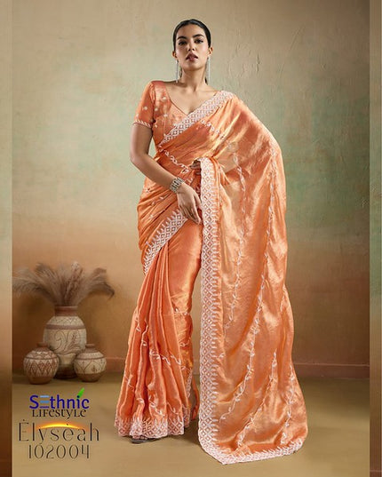 Sethnic Elyseah Velvet Chiffon Leheriya Pattern Embroidery Saree