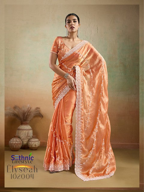 Sethnic Elyseah Velvet Chiffon Leheriya Pattern Embroidery Saree