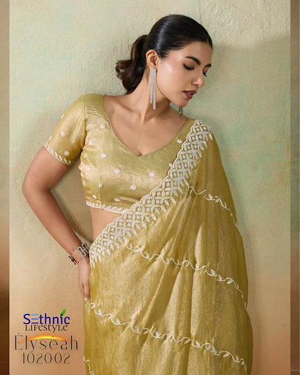Sethnic Elyseah Velvet Chiffon Pallu  Leheriya Pattern Embroidery Saree