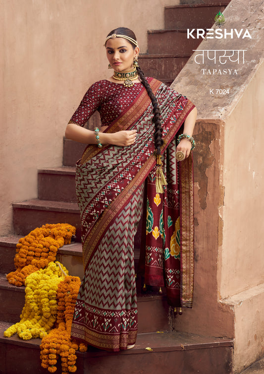 Kreshva Tapasya Mercerizer Bark Brown Color Sigma Silk 7020 to 7025 Saree