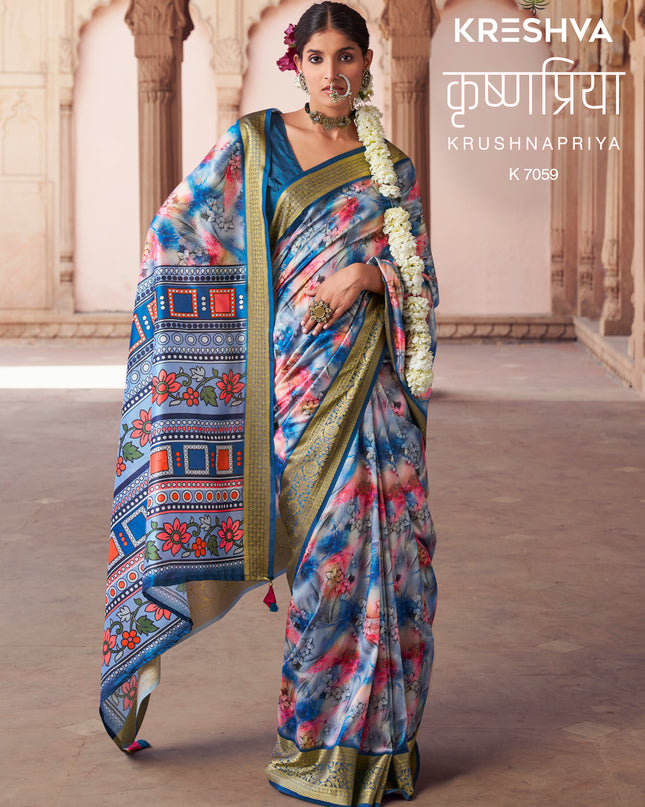 Kreshva Krushnapriya Lux P. V. Silk Skyblue Color Digital Print 7058 To 7065  Saree