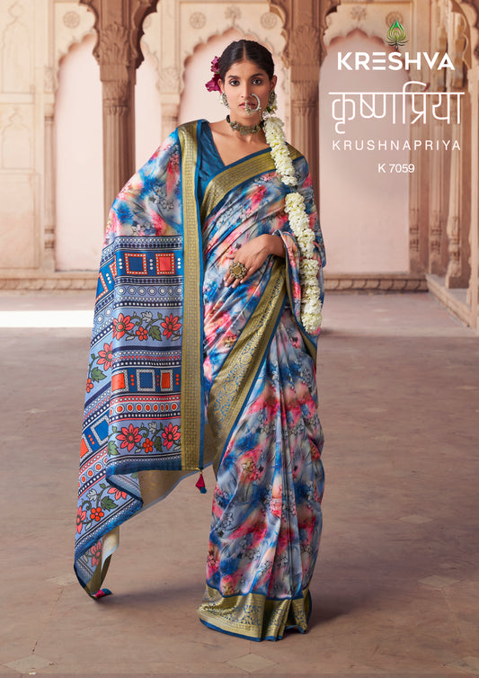Kreshva Krushnapriya Lux P. V. Silk Skyblue Color Digital Print 7058 To 7065  Saree