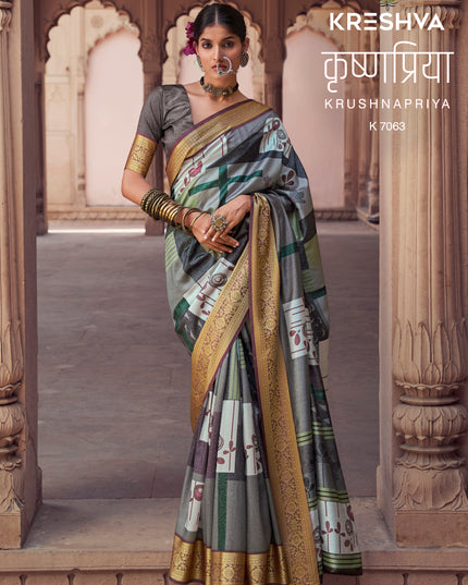 Kreshva Krushnapriya Lux P. V. Silk Gray Color Digital Print 7058 To 7065 Saree