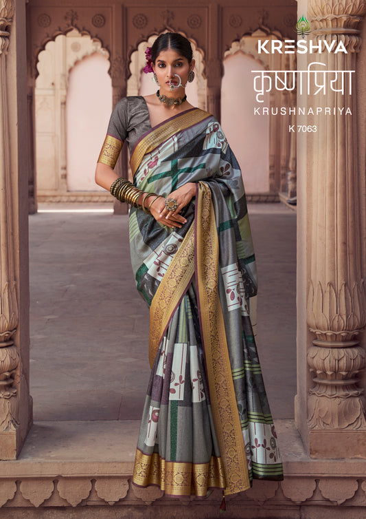 Kreshva Krushnapriya Lux P. V. Silk Gray Color Digital Print 7058 To 7065 Saree