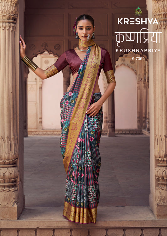 Kreshva Krushnapriya Lux P. V. Silk  Digital Print 7058 To 7065 Saree Collection