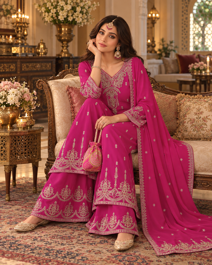 Ruby & Green Embroidered Chinon Sharara Suit
