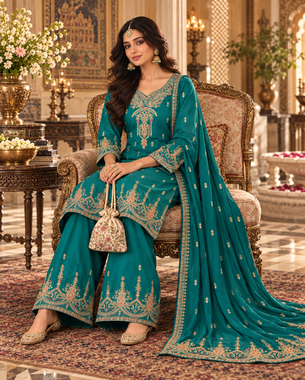 Ruby & Green Embroidered Chinon Sharara Suit