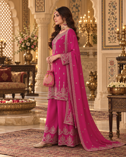 Ruby & Green Embroidered Chinon Sharara Suit
