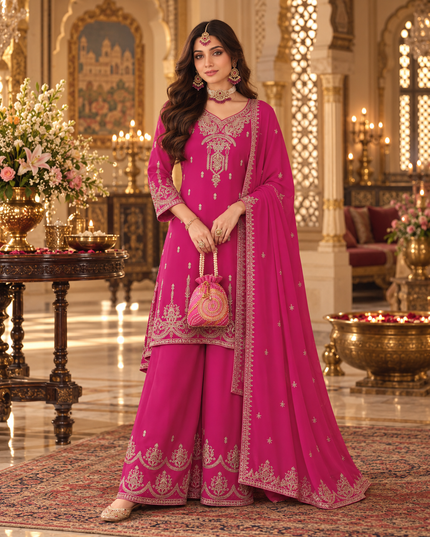 Ruby & Green Embroidered Chinon Sharara Suit