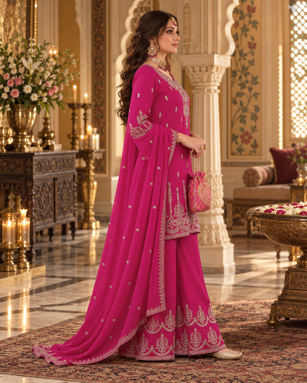 Ruby & Green Embroidered Chinon Sharara Suit