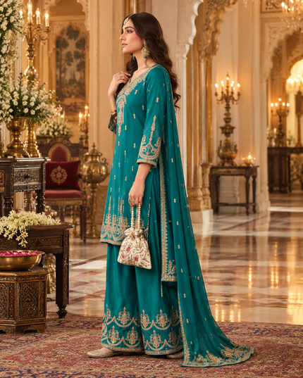 Ruby & Green Embroidered Chinon Sharara Suit