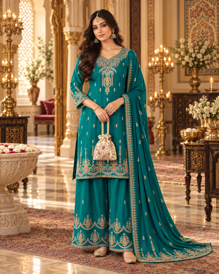 Ruby & Green Embroidered Chinon Sharara Suit
