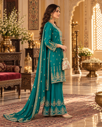 Ruby & Green Embroidered Chinon Sharara Suit
