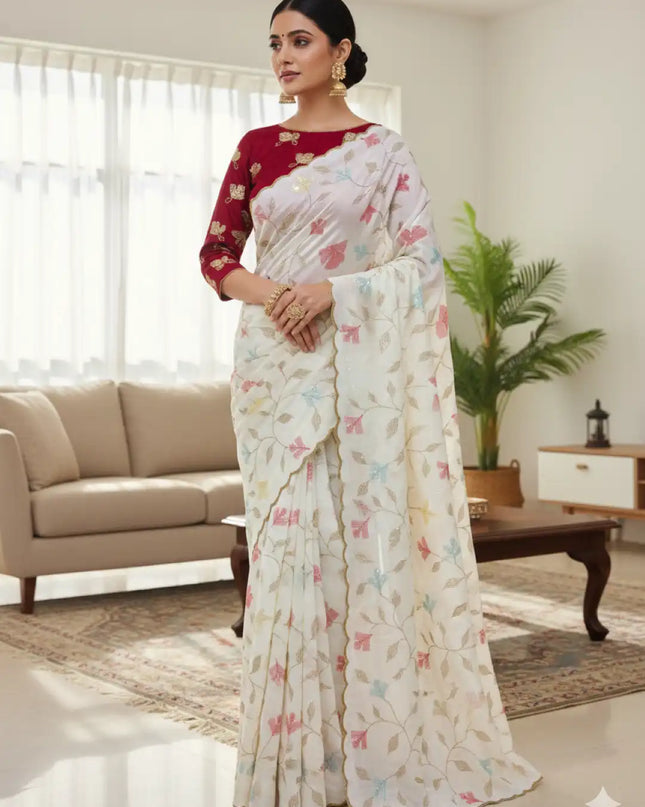 Kusum 673 White Georgette Chiffon Silk Saree Collection