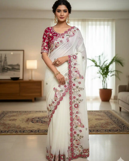 Kusum 673 White Georgette Chiffon Silk Saree Collection