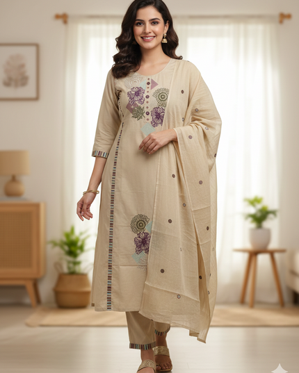 KR 401 Cream Cotton Thread Embroidery Readymade Dress