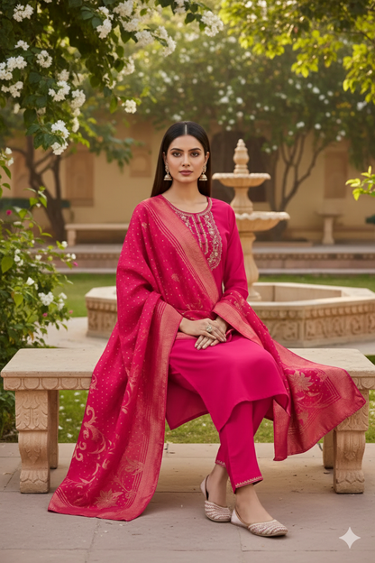 Marina Silk Ruby Color Kurti Set With Multi Thread  Work Collection