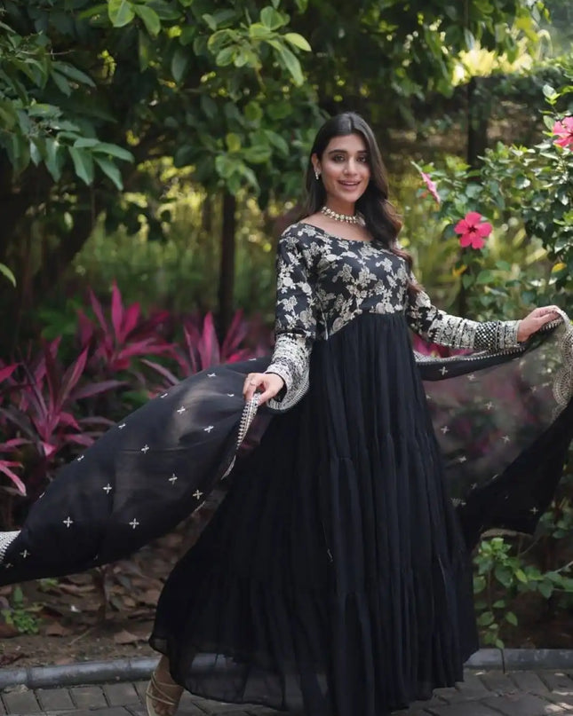 Mohini 9155 Black Color Jacquard Embroidered Heavy Gown and Dupatta