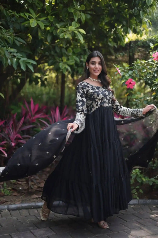 Mohini 9155 Black Color Jacquard Embroidered Heavy Gown and Dupatta