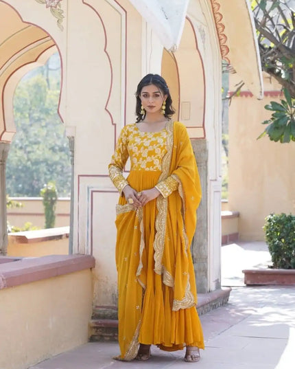 Mohini 9155 Yellow Color Jacquard Embroidered Heavy Gown and Dupatta