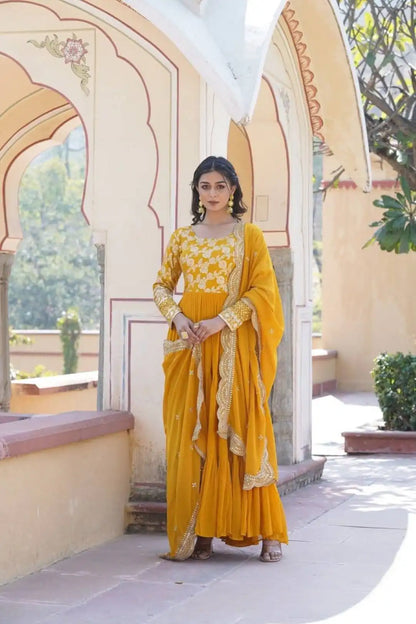 Mohini 9155 Yellow Color Jacquard Embroidered Heavy Gown and Dupatta