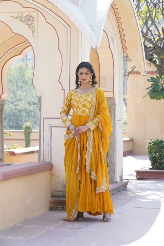 Mohini 9155 Yellow Color Jacquard Embroidered Heavy Gown and Dupatta